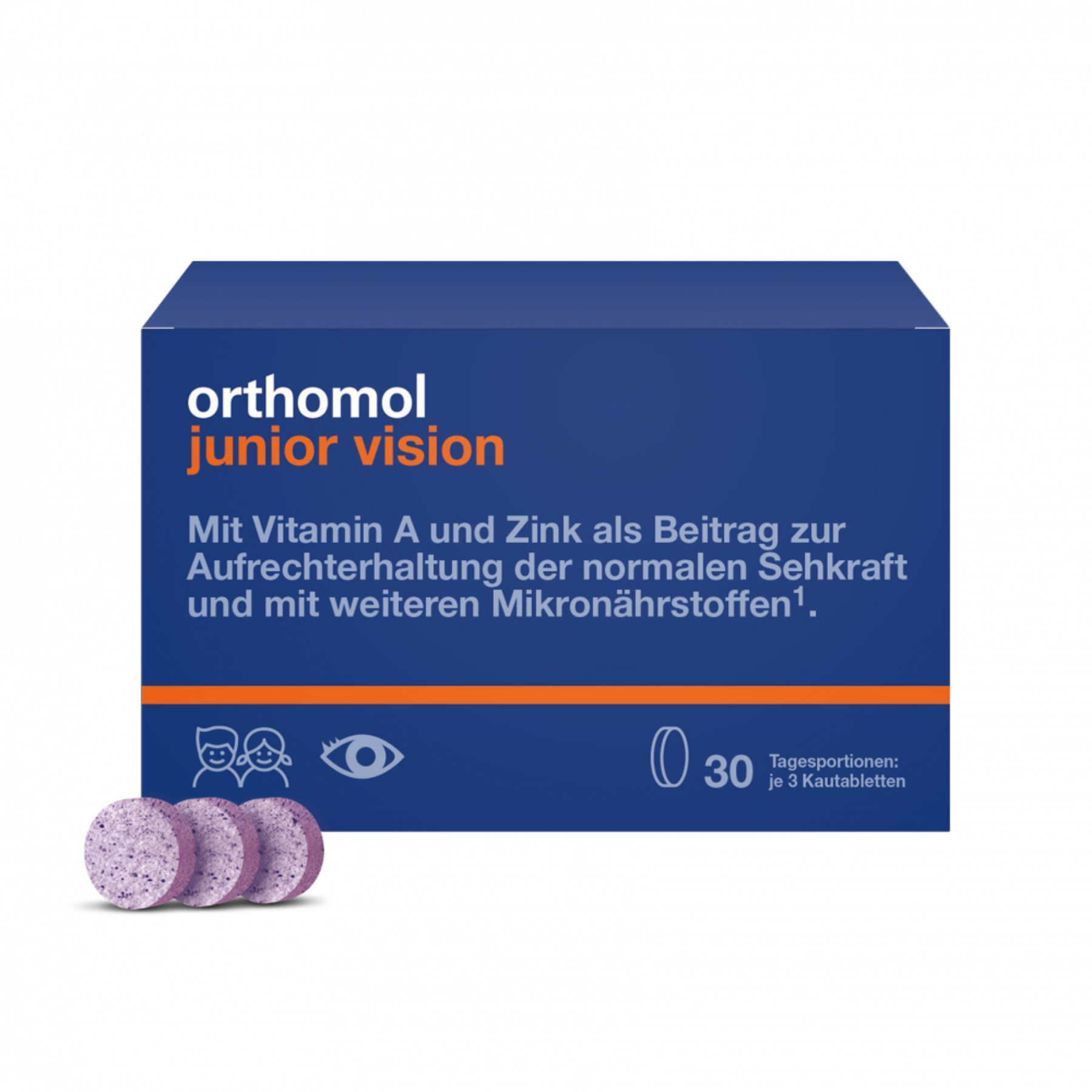 Жувальні таблетки зі смаком чорниці-персику Orthomol Junior Vision (для зміцнення зору), 30 шт